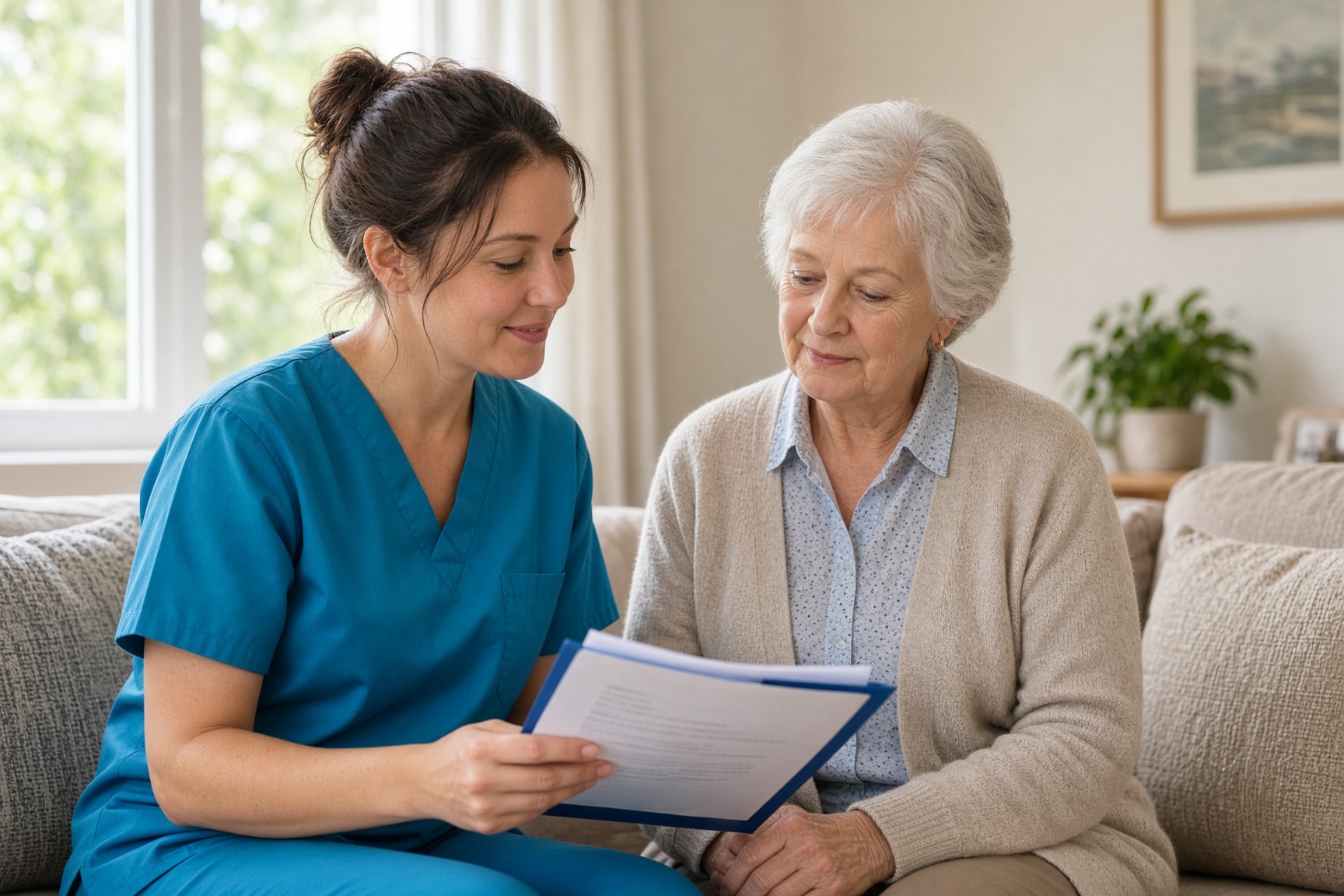 Nurse reviewing a care folder with a client at home